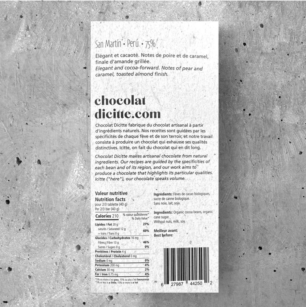 Chocolat dicitte San Martín, Perú 75%